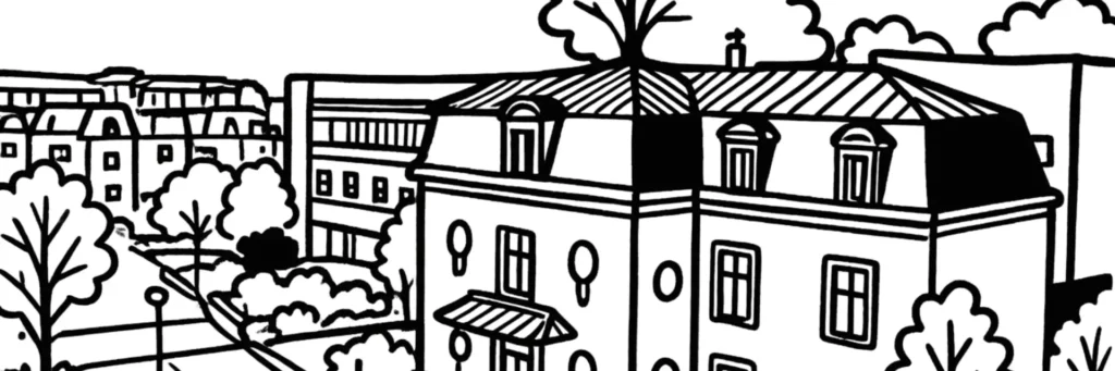 Illustration au trait de Combs-la-Ville : le centre, la lisière de la forêt de Sénart et les quartiers résidentiels