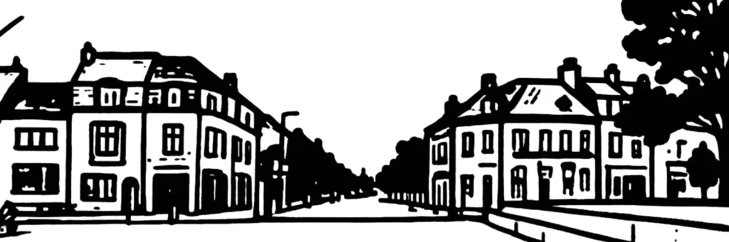 Illustration au trait de Coudekerque-Branche, ses maisons de brique, le canal de Bergues et les grues du port