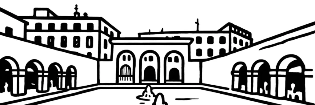 Illustration au trait de Dax : la Fontaine Chaude, la cathédrale et les bords de l'Adour