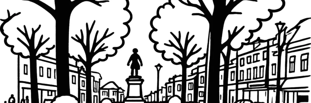 Illustration au trait de Denain : rangées de corons, terril Renard, ancien chevalement minier et rame de tramway