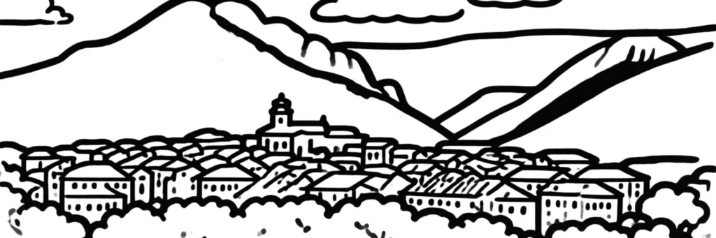 Illustration au trait de Digne-les-Bains : la cathédrale Saint-Jérôme sur les hauteurs de la vieille ville