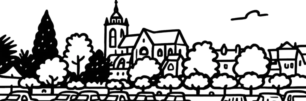 Illustration au trait de Dole : la collégiale Notre-Dame et son clocher au-dessus des toits