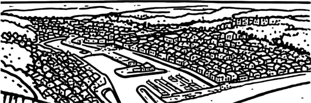 Illustration au trait de Fécamp : bassins du port bordés de quais, abbatiale de la Trinité