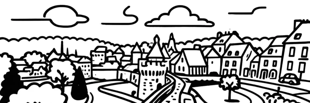 Illustration au trait de Fougères : le château médiéval dans la vallée du Nançon, sous la ville haute