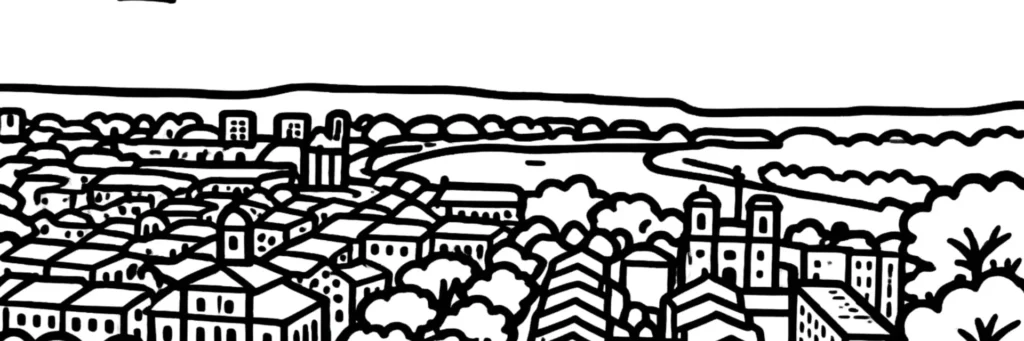 Illustration au trait de Givors : la ville au confluent du Gier et du Rhône, au pied de la colline Saint-Gérald