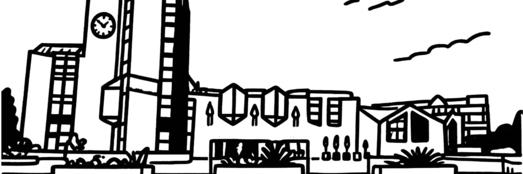 Illustration au trait de Grande-Synthe, ses maisons de brique, un immeuble collectif, le lac du Puythouck et les hauts fourneaux du port
