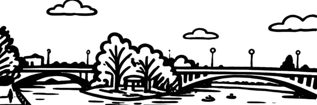 Illustration au trait de Joinville-le-Pont : le pont sur la Marne, l'île Fanac et les guinguettes