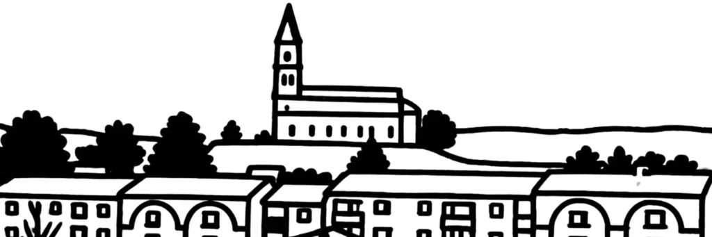 Illustration au trait de L'Isle-d'Abeau : clocher de l'église Saint-Pierre-et-Saint-Paul au-dessus du vieux centre