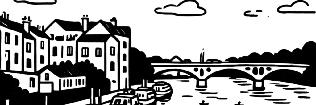 Illustration au trait de Lagny-sur-Marne : l'abbatiale Notre-Dame-des-Ardents et le centre ancien au bord de la Marne