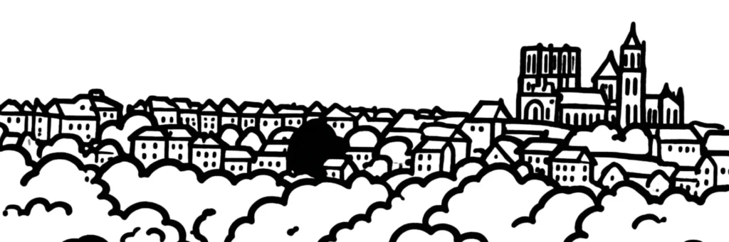Illustration au trait de Laon : la cathédrale Notre-Dame et ses tours à bœufs