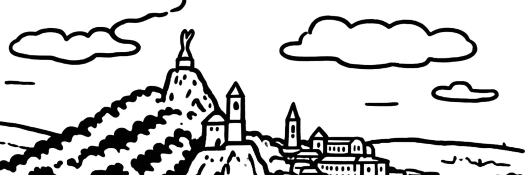 Illustration au trait du Puy-en-Velay : le rocher Corneille surmonté de la statue Notre-Dame de France