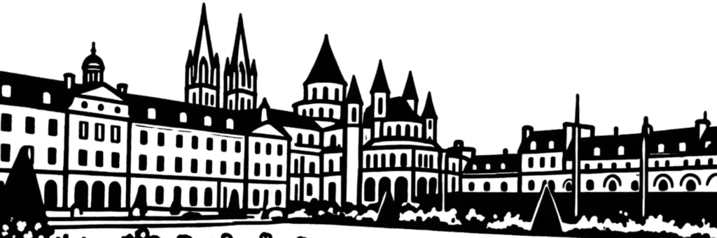 Illustration au trait de Lisieux : dôme et campanile de la basilique Sainte-Thérèse sur la colline