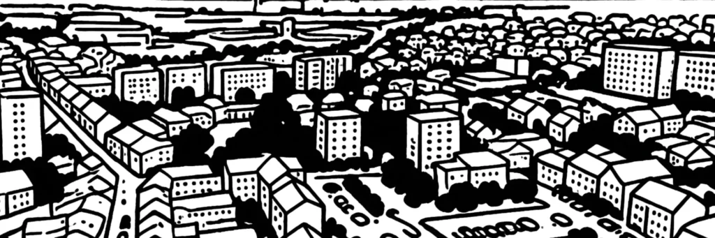 Illustration au trait de Longjumeau : la Grande Rue, l'église Saint-Martin et la vallée de l'Yvette