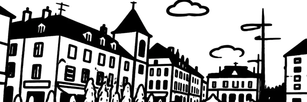 Illustration au trait de Lons-le-Saunier : la rue du Commerce et ses arcades de pierre