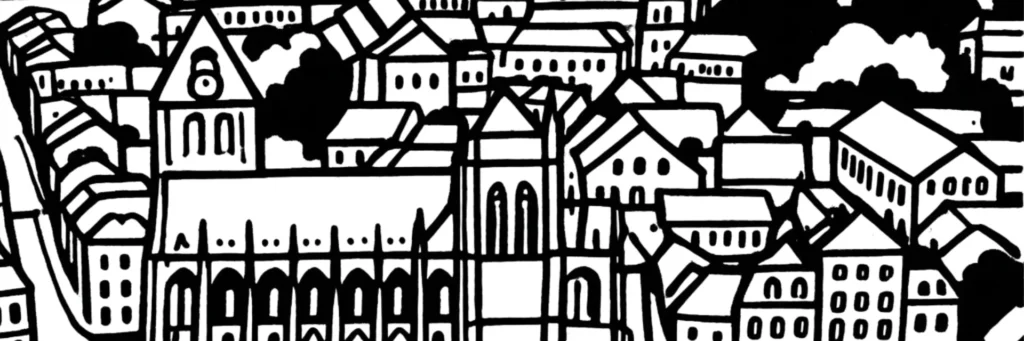 Illustration au trait de Louviers : portail gothique flamboyant de l'église Notre-Dame et sa flèche