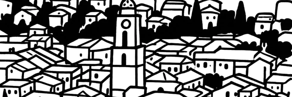 Illustration au trait de Manosque : la vieille ville, ses portes médiévales et les collines