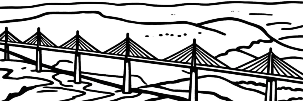 Illustration au trait de Millau : le centre ancien et son beffroi dans la vallée du Tarn