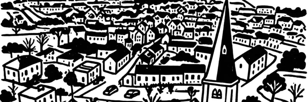 Illustration au trait de Mitry-Mory : l'église Saint-Martin du Bourg et les pavillons de Mitry-le-Neuf