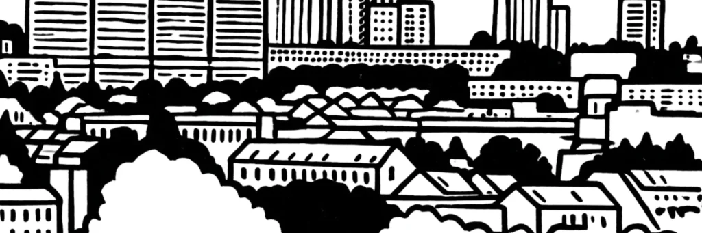 Illustration au trait de Mons-en-Barœul : les tours de la Résidence de l'Europe et les maisons de brique du vieux Mons