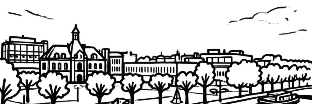 Illustration au trait de Montceau-les-Mines : quais du canal du Centre bordés d'immeubles