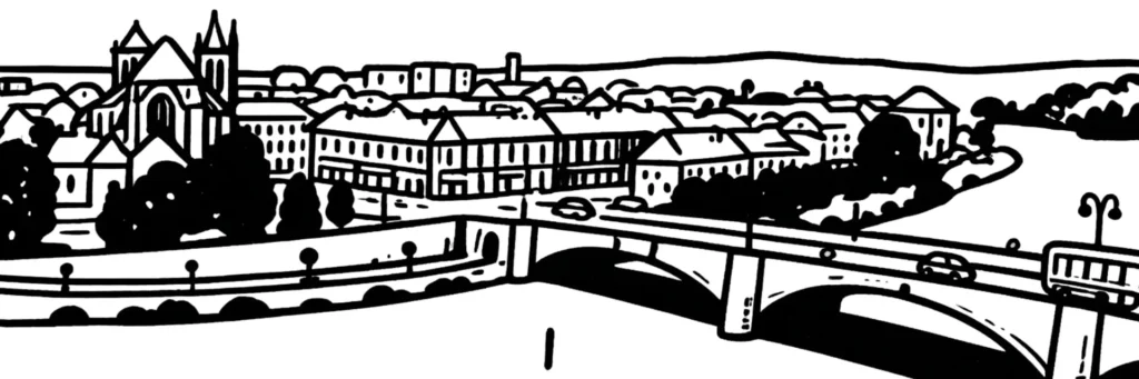 Illustration au trait de Montereau-Fault-Yonne : le confluent de la Seine et de l'Yonne, le pont et la ville basse