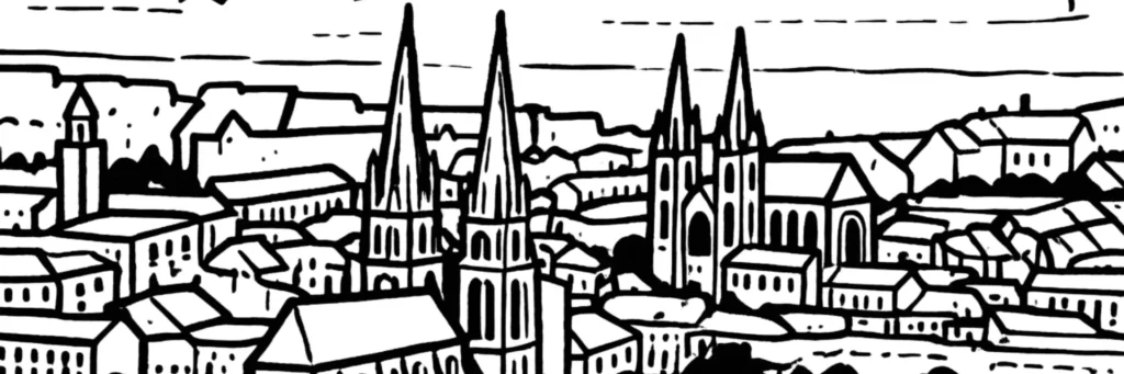 Illustration au trait de Moulins : la flèche de la cathédrale Notre-Dame