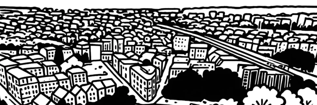 Illustration au trait de Neuilly-Plaisance : la gare du RER A sur son viaduc et les pentes du plateau d'Avron