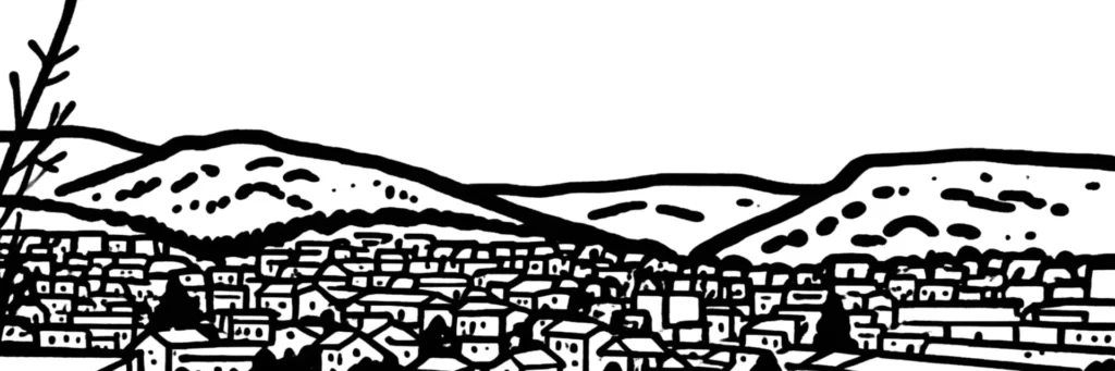Illustration au trait d'Oyonnax : la ville dans sa vallée du Jura, entre les pentes boisées