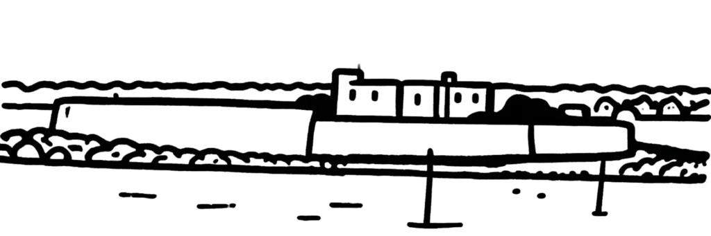 Illustration au trait de Ploemeur : petit port de Lomener et sa digue