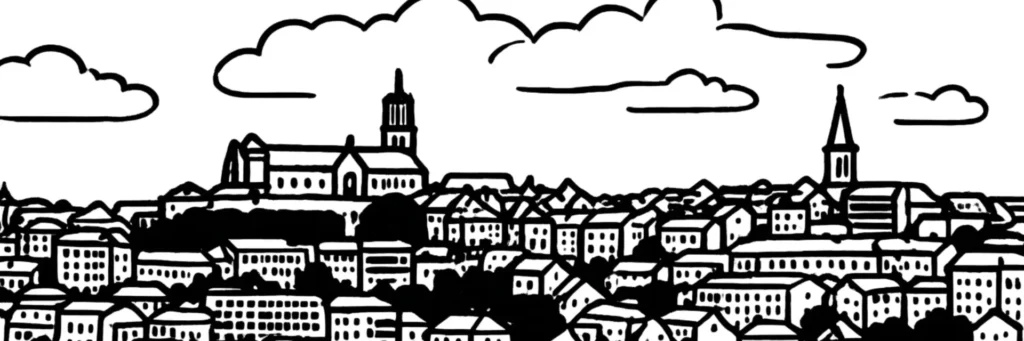 Illustration au trait de Rodez : la cathédrale Notre-Dame en grès rouge sur son piton et les toits de la vieille ville