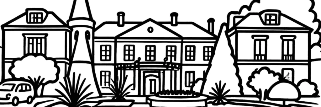 Illustration au trait de Roissy-en-Brie : le village ancien, l'étang et les quartiers pavillonnaires de la commune