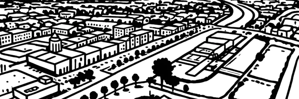 Illustration au trait de Saint-Dizier : la Marne, le canal et les toits du centre-ville