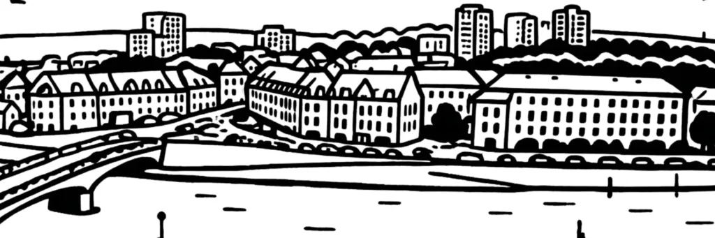 Illustration au trait de Saint-Ouen-l'Aumône : l'abbaye de Maubuisson, l'église Saint-Ouen, les quais de l'Oise et la gare
