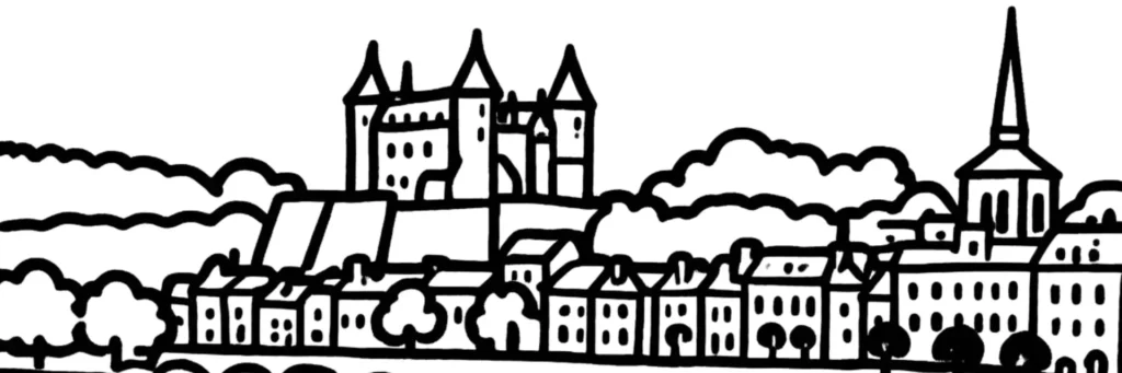 Illustration au trait de Saumur, en Val de Loire : le château sur son éperon rocheux, illustration au trait