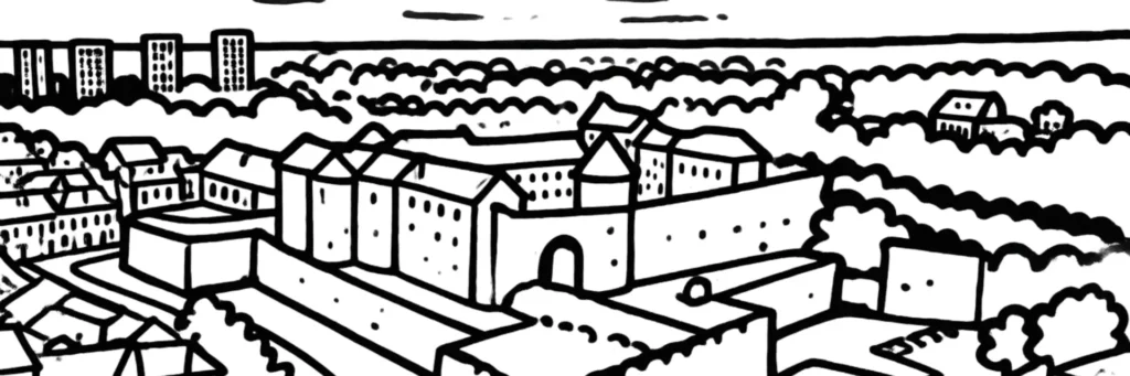 Illustration au trait de Sedan : les remparts et les tours du château fort dominant les toits de la vieille ville