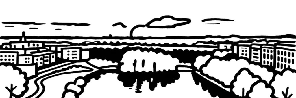 Illustration au trait de Torcy : la Marne, le vieux village et les quartiers de la ville nouvelle