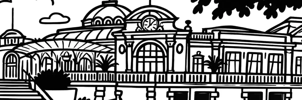 Illustration au trait de Vichy : l'Opéra, le Hall des Sources, les chalets de Napoléon III et le lac d'Allier