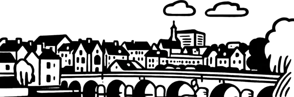 Illustration au trait de Vierzon : le beffroi, l'église Notre-Dame