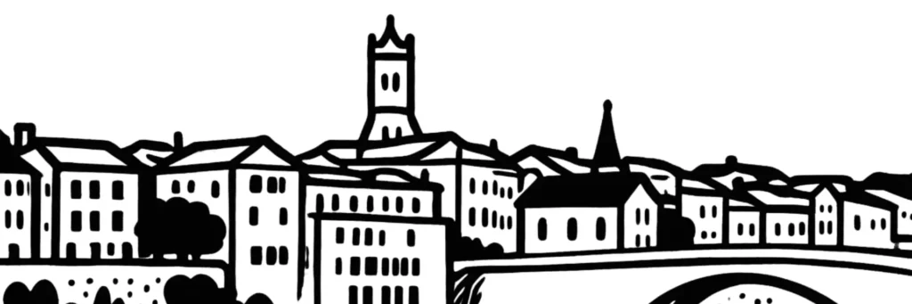 Illustration au trait de Villeneuve-sur-Lot : la bastide sur les deux rives du Lot et le pont Vieux